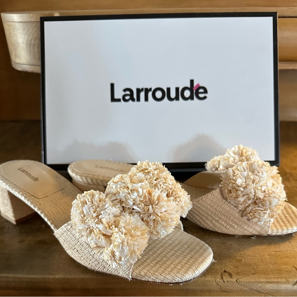 Larroude Cream PomPom Slide Sandals
